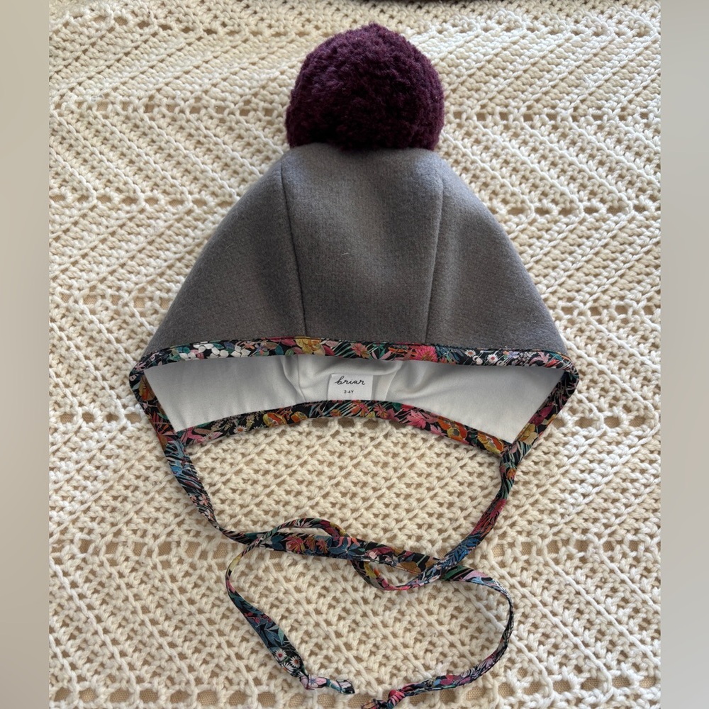 Briar Baby Pom Bonnet size 2-4 years, Gray Hat with Purple Pom-Pom